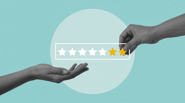 Customer rating of three out of five stars, representing average customer satisfaction, with a hand receiving the rating