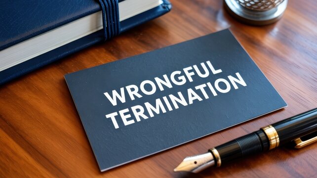 A business card displaying 'WRONGFUL TERMINATION' on a wooden desk with a book and pen