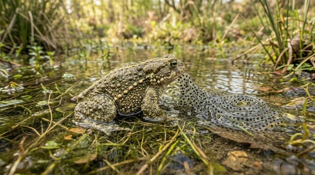 Two toads in a marshy environment. The amphibian concept of aquatic life.