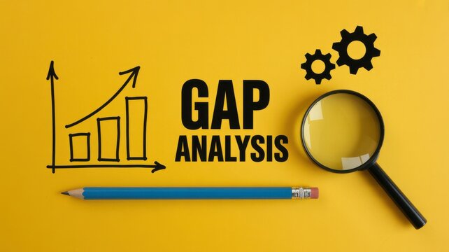 Gap analysis concept with bar chart, magnifying glass, pencil, and gears