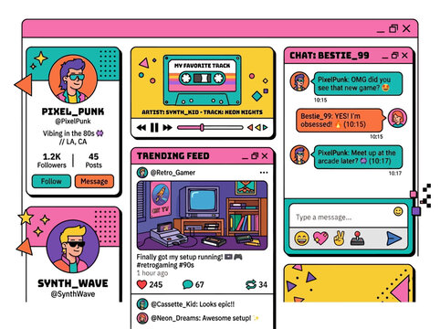 Retro social media UI kit with cassette player and computer on a colorful background with chat windows.