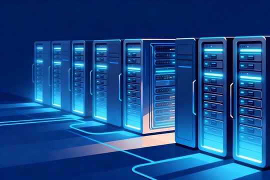 Rows of server towers with glowing lights