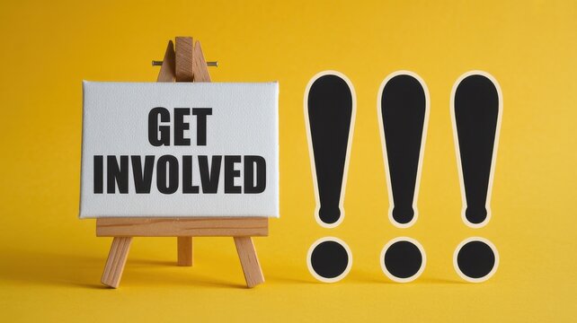 Get Involved text on a canvas easel with three exclamation marks on a vibrant yellow background.