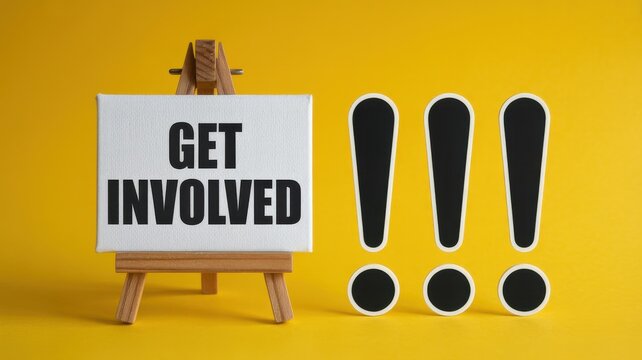 Get Involved text on a canvas easel with three exclamation marks on a vibrant yellow background.