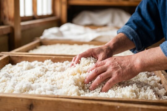 日本酒の仕込み 麹を混ぜる杜氏の手元 醸造 伝統