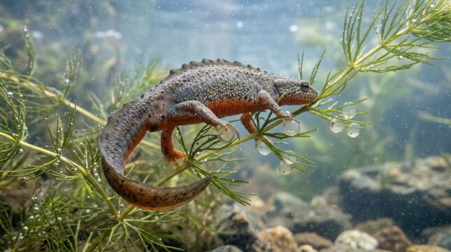 A newt swimming in water with aquatic plants. The amphibian concept of aquatic life. The newt's skin texture is smooth and shiny.