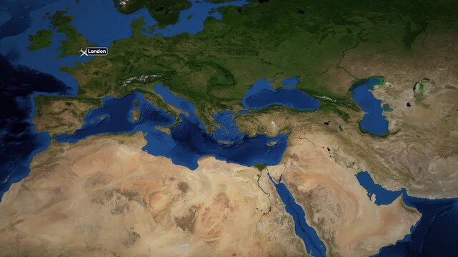 Animated Flight Path Map Tracking Airplane Route from London to Doha
