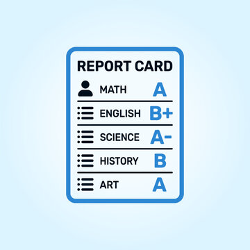 Academic report card icon displaying school subjects including math english science history and art with high letter grades in a professional clean blue aesthetic for student performance review.