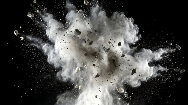 A massive explosion of white powder creates a dynamic cloud of debris and particles on a dark background