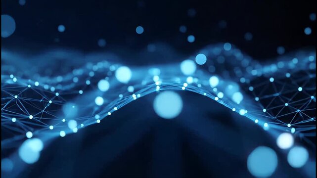 Abstract digital network of glowing blue nodes and lines on dark background