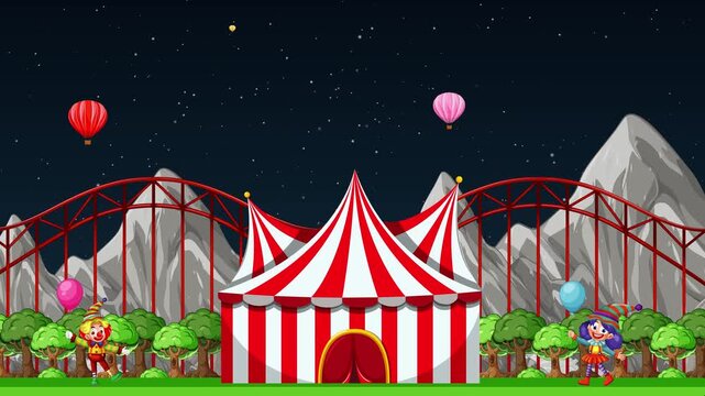 Animated Night Carnival with Roller Coaster Fireworks and Hot Air Balloons