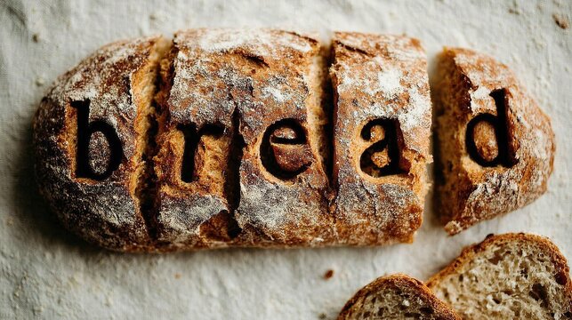 Top down view of word &ldquo;bread&rdquo; spelled with individual bread letters, golden brown with white powder, plain white surface, small bread cross section on lower right.
