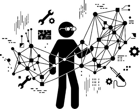 Technical professional working with digital network and repair tools