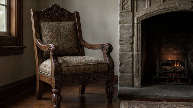 Ornate carved oak armchair beside a stone fireplace with soft window light.