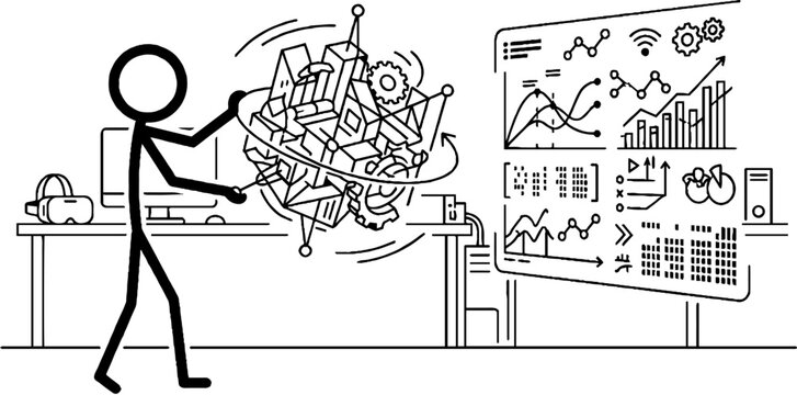 Stick figure organizing chaotic data into structured dashboard