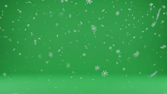 White snowflakes falling gently against a solid green background