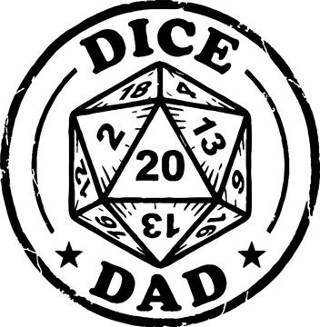 Dice dad circular gaming emblem with twenty sided d20 die