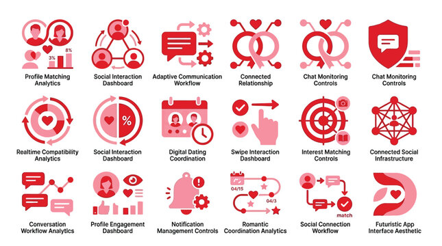 Collection of icons representing dating app features and functionalities, including profile matching, social interaction, and communication.