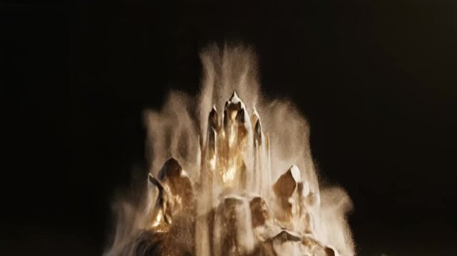 Soft glowing particles forming temporary structures then collapsing like sand sculptures in air