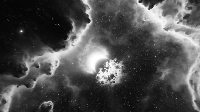 Black and white celestial space with an eclipse and stars, representing deep space, cosmos, or a galaxy far away.