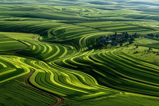 Lush terraced farmland contours flowing over verdant hills in a high-angle aerial shot with rhythmic patterns for sustainable agribusiness branding