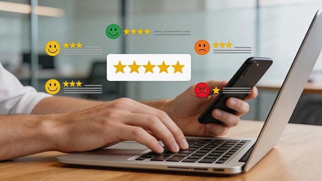 Customer typing review on laptop keyboard while holding phone, star rating system with positive and negative feedback symbols in office