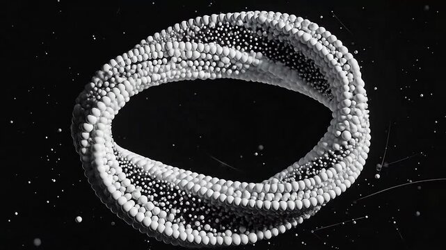 A complex abstract ring structure composed of many small white spheres