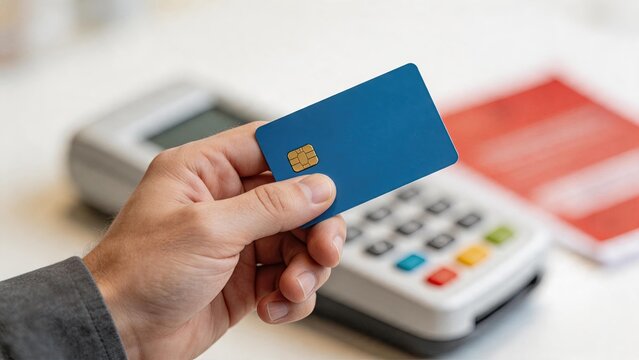Close up of hand holding blue credit card near payment terminal, depicting contactless transaction, cashless shopping experience, modern banking service, and secure digital