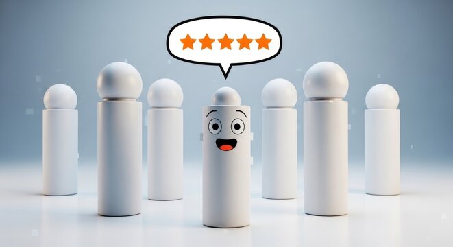 White cylindrical character with surprised face and five-star rating bubble among similar characters