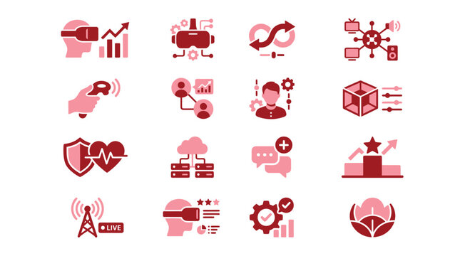 Collection of modern flat icons representing technology, innovation, and digital concepts.