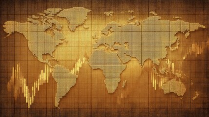 Obraz premium World Map with Financial Chart Background in Warm Tones, Symbolizing Global Economy, Trade Growth, and Market Trends for Business and Finance Themes