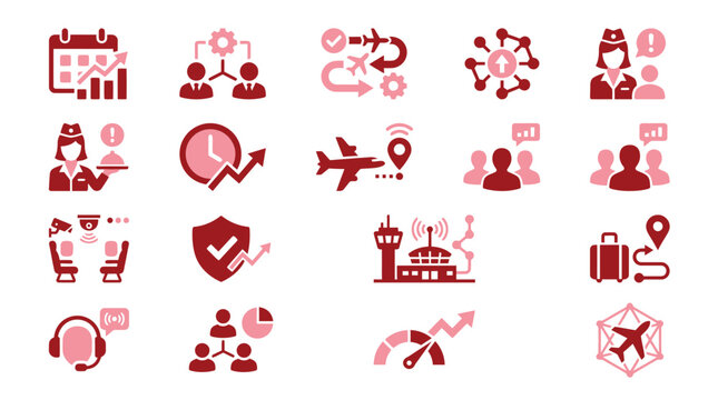 Collection of aviation and travel icons representing concepts like planning, logistics, and customer service.