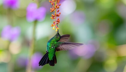 Fototapeta premium Hummingbird feeds on flower.