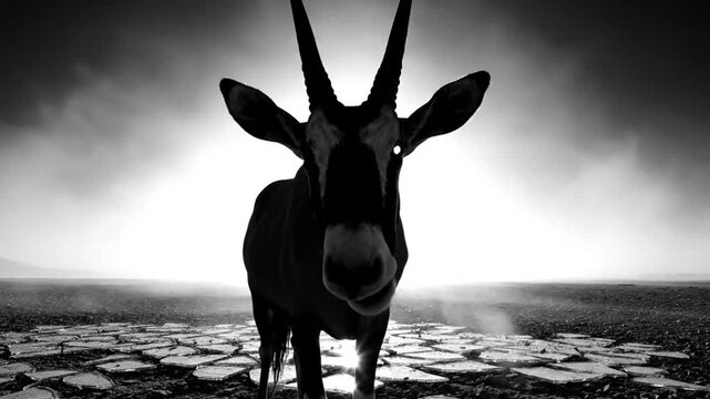 Black and white portrait of an oryx standing still in front of a bright sun amidst a cracked earth landscape
