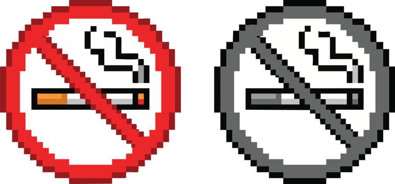 Two pixel art no smoking signs, one in vibrant red and orange, the other in grayscale, depicting a cigarette with smoke crossed out by a diagonal line within a circular border.