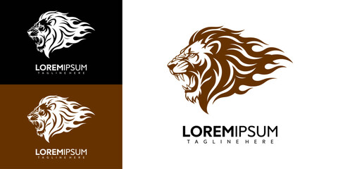 A lion's head with flowing mane is illustrated in brown and white on various backgrounds. © agung