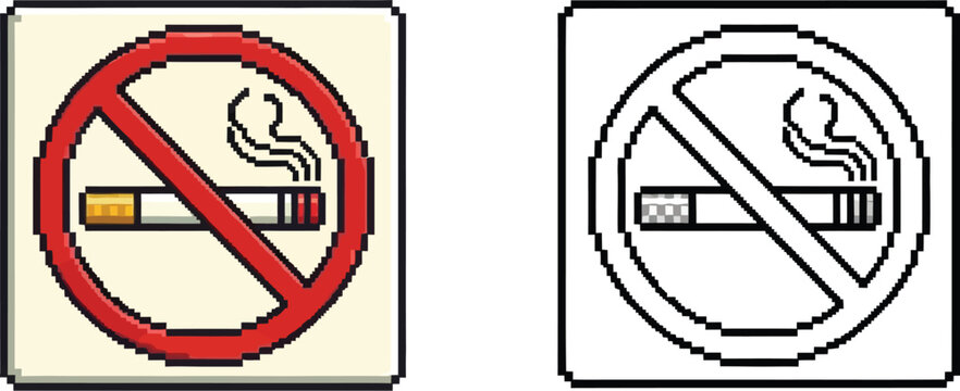 Two pixel art style 'No Smoking' signs, one in color with a red prohibition circle over a lit cigarette and smoke, the other a black and white outline version.