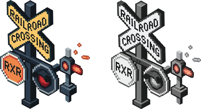 Pixel art illustration of a railroad crossing sign with flashing lights and an RXR stop sign, shown in both color and grayscale versions.