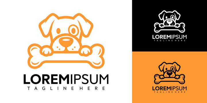 A dog's face with a bone is illustrated next to a logo on a black and orange background