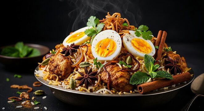 Platter of spicy chicken biryani with boiled eggs, star anise, and cinnamon on dark background