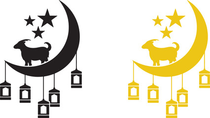 Eid celebration design with crescent moon, goat, stars, and hanging lanterns vector illustration on White Background. © Monoara