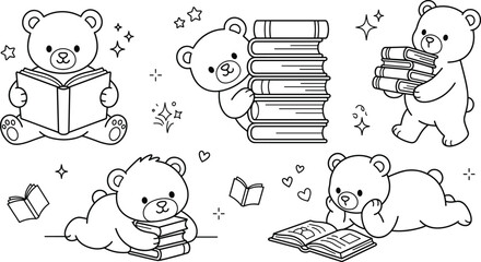 Obraz premium Cute Teddy Bear Reading and Studying Line Icon Set with Book Stacks and Fairy Tale Storytelling Symbols