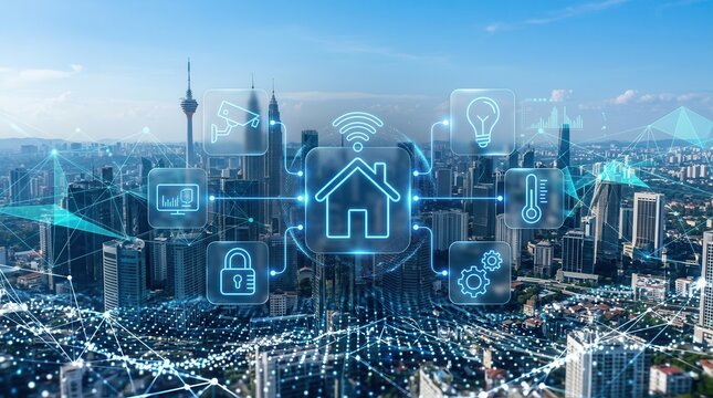 Modern home automation system controlling security, lighting, and climate via IoT.
