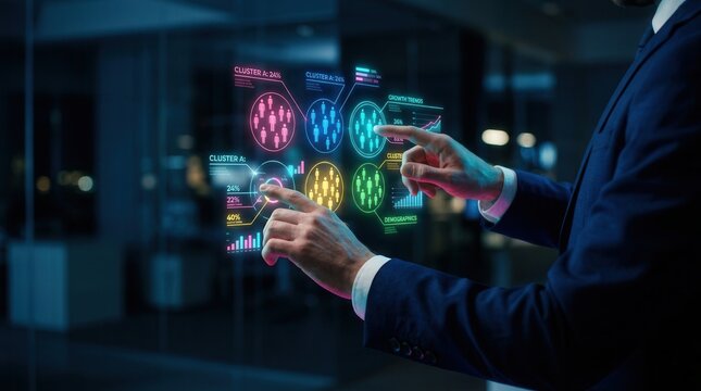 Professional analyzing target market segments through advanced customer segmentation strategy and data analysis.