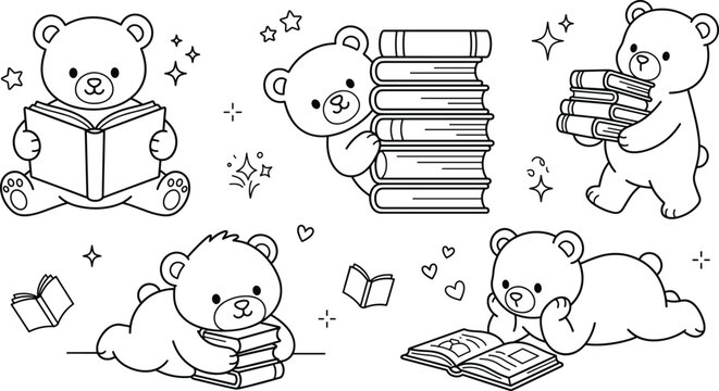 Cute Teddy Bear Reading and Studying Line Icon Set with Book Stacks and Fairy Tale Storytelling Symbols