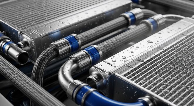 Close-up view of a high-performance automotive intercooler system with braided hoses and blue fittings, showing water droplets on the metallic surfaces.