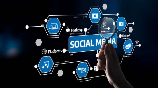 A hand holds a magnifying glass over vibrant icons representing various aspects of social media, emphasizing the importance of digital interaction and connectivity. Tessel