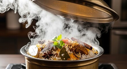 Steaming hot biryani in a traditional copper pot with aromatic spices and fresh green herbs © Rony