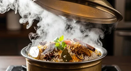 Steaming hot biryani in a traditional copper pot with aromatic spices and fresh green herbs © Rony