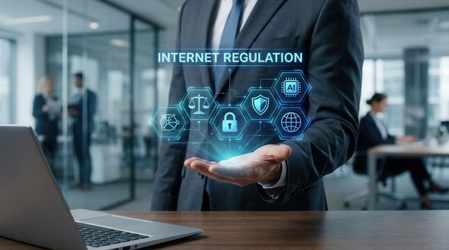 A businessman holds an open hand presenting a digital internet regulation interface with various cybersecurity icons.